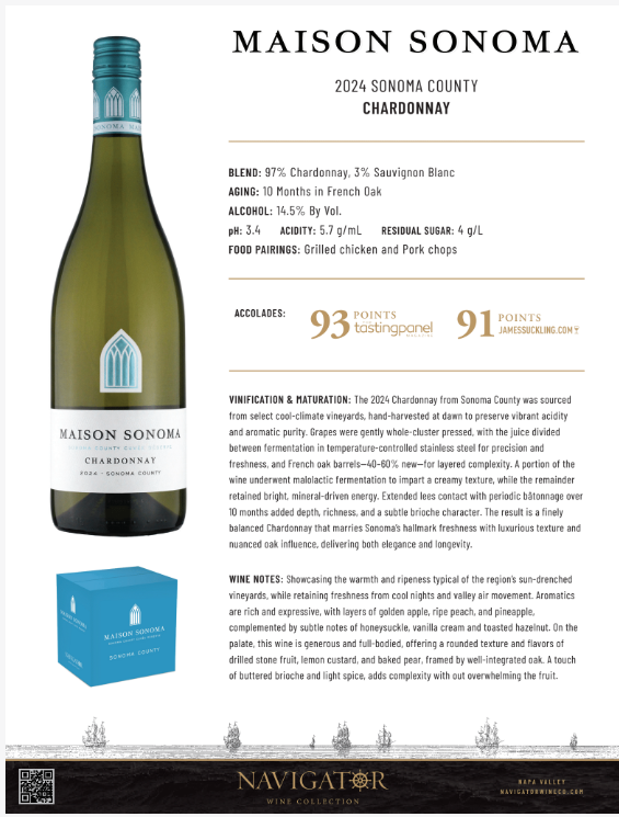Maison Sonoma Chardonnay, Sonoma County Tech Sheet Image