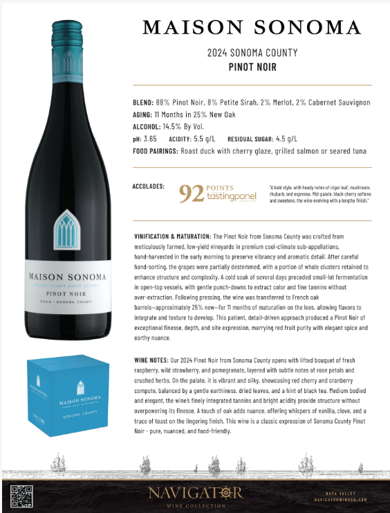 Maison Sonoma Pinot Noir, Sonoma County Tech Sheet Image
