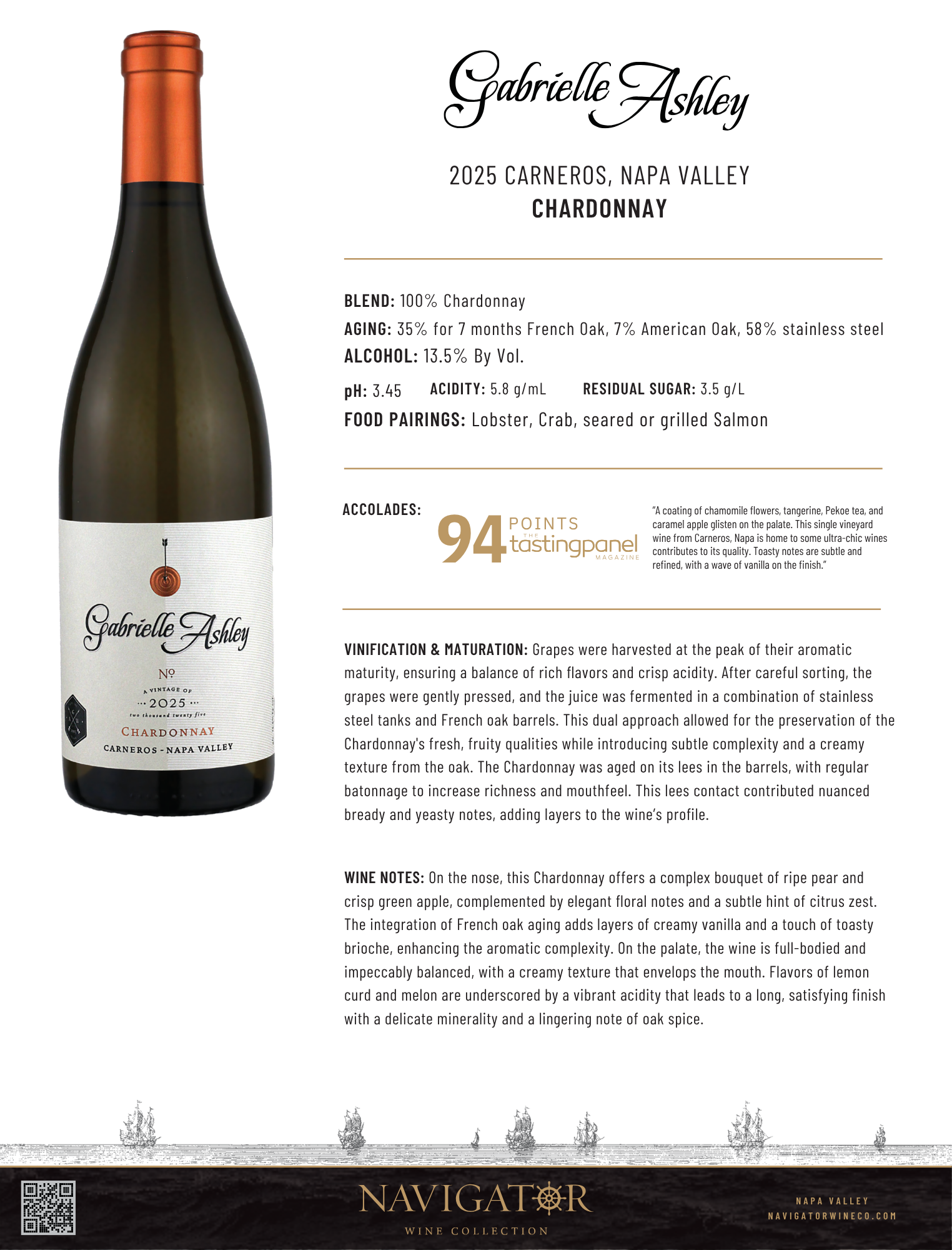 Gabrielle Ashley Carneros Napa Valley Chardonnay Tech Sheet