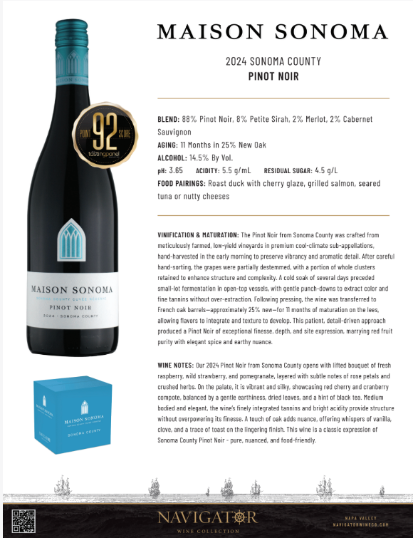 Maison Sonoma 2024 Pinot Noir Tech Sheet