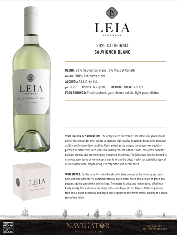 Leia Vintners Sauvignon Blanc, California Tech Sheet