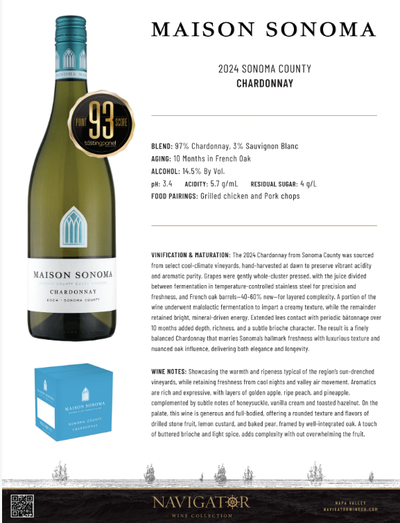 Maison Sonoma 2024 Chardonnay tech sheet