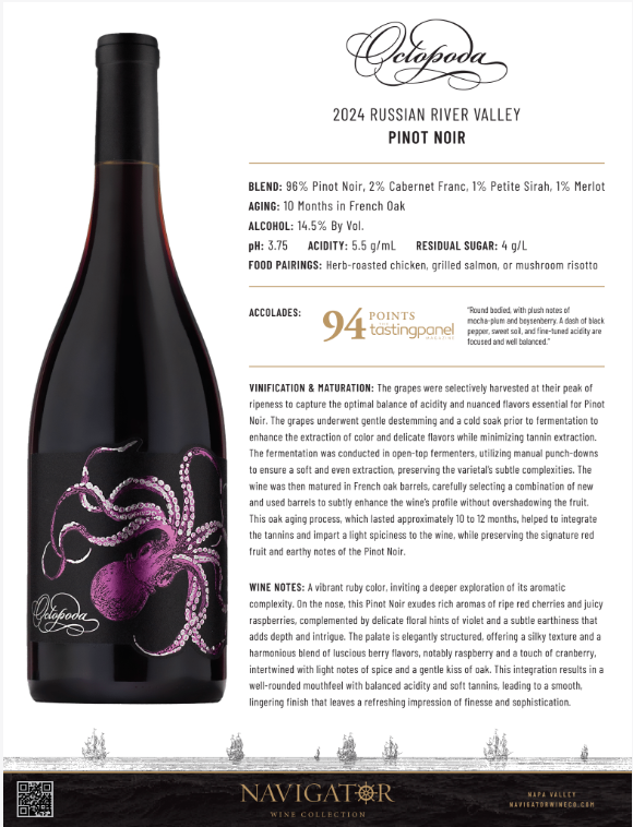 Octopoda 2024 Russian River Valley Pinot Noir Tech Sheet image