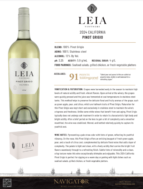 Leia Vintners Pinot Grigio, California Tech Sheet