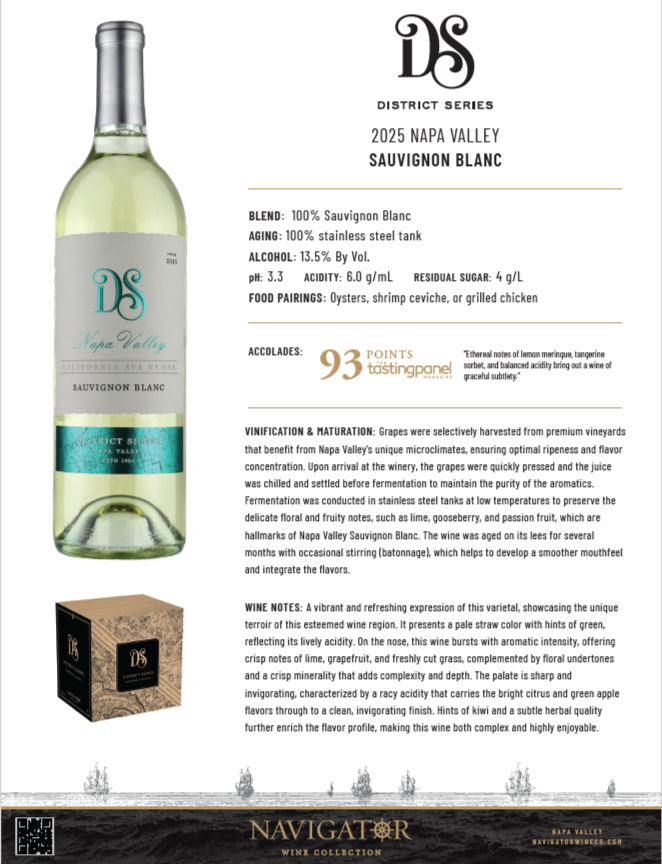2025 District Series Napa Valley Sauvignon Blanc Tech Sheet
