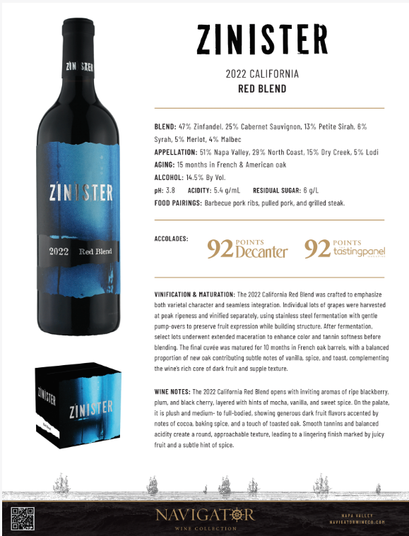 2022 Zinister California Red Blend Tech Sheet  Image