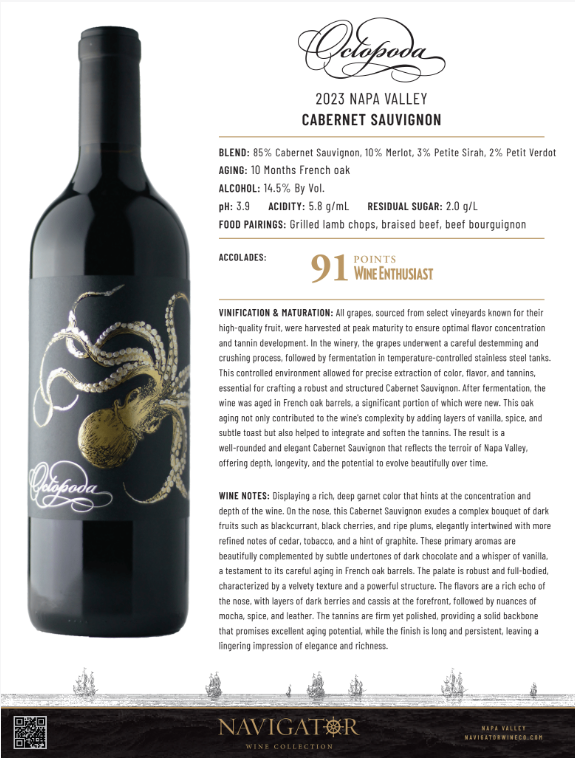 Octopoda 2023 Napa Valley Cabernet Sauvignon Tech Sheet