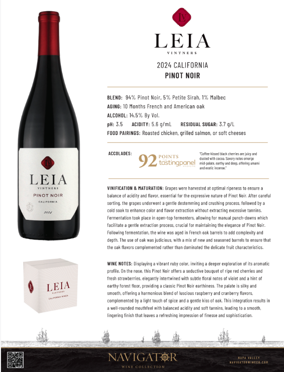 Leia Vintners 2024 Pinot Noir Tech Sheet Image