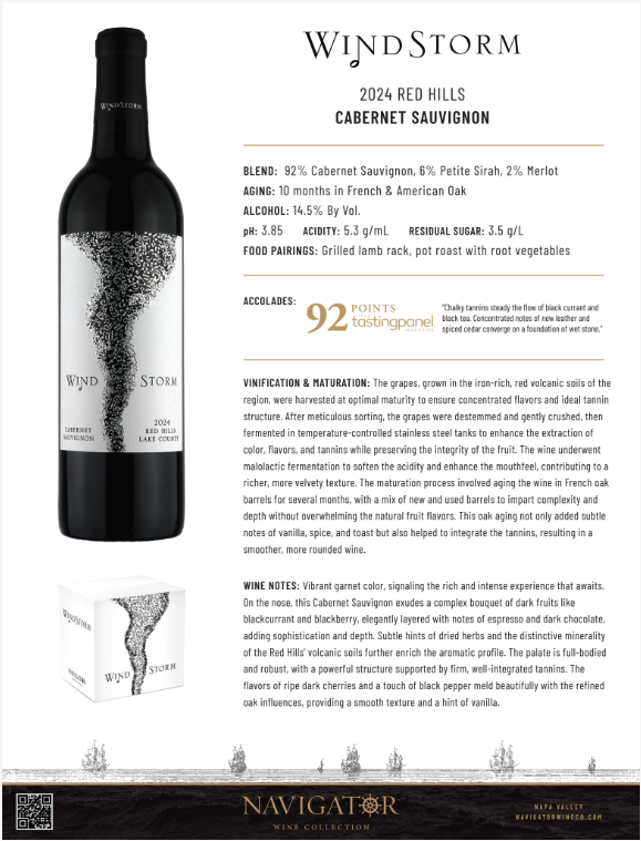 2024 Windstorm Red Hills Cabernet Sauvignon Tech Sheet