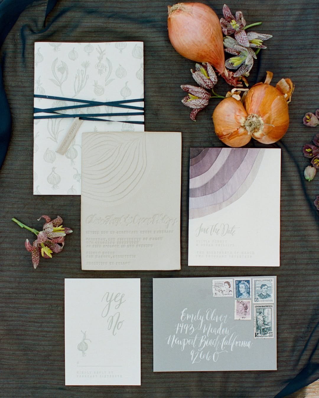 Layers of lovely making our hearts swoon over on @greenweddingshoes! Peel back each layer of the suite &amp; you'll find that we hand dyed each layer of the onion inspired save the date, hand stamped the ceramic invitations with custom stamps for a g