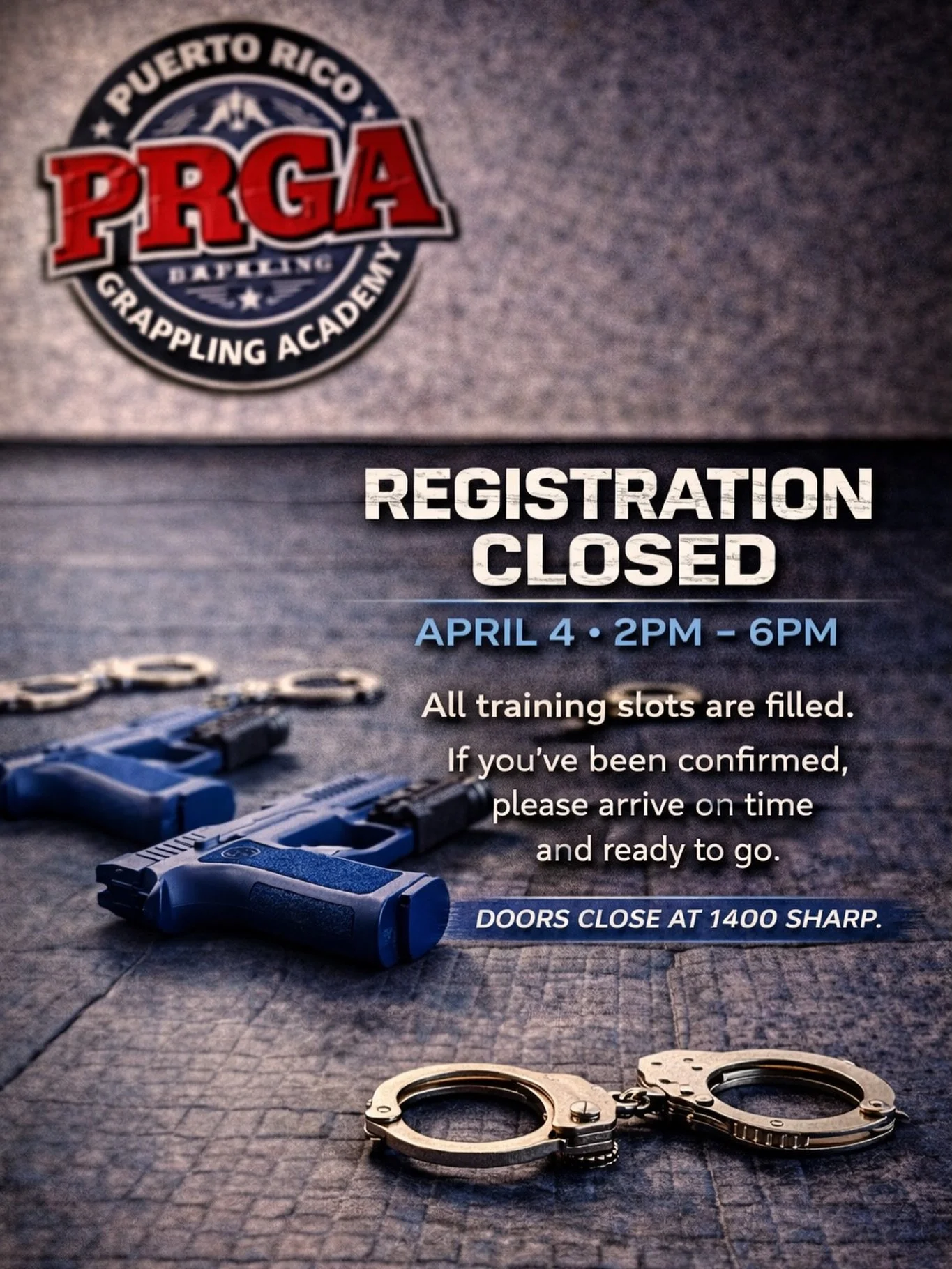 Registration is officially closed.

April 4 | 2PM&ndash;6PM
All slots are filled.

If you&rsquo;re confirmed, be on time and ready.
Doors close at 2:00 sharp.

Ven y visitanos!!! 
PRGA
Concordia Shopping Center, 
Oficina 206
Rio Piedras, PR 00924
(78