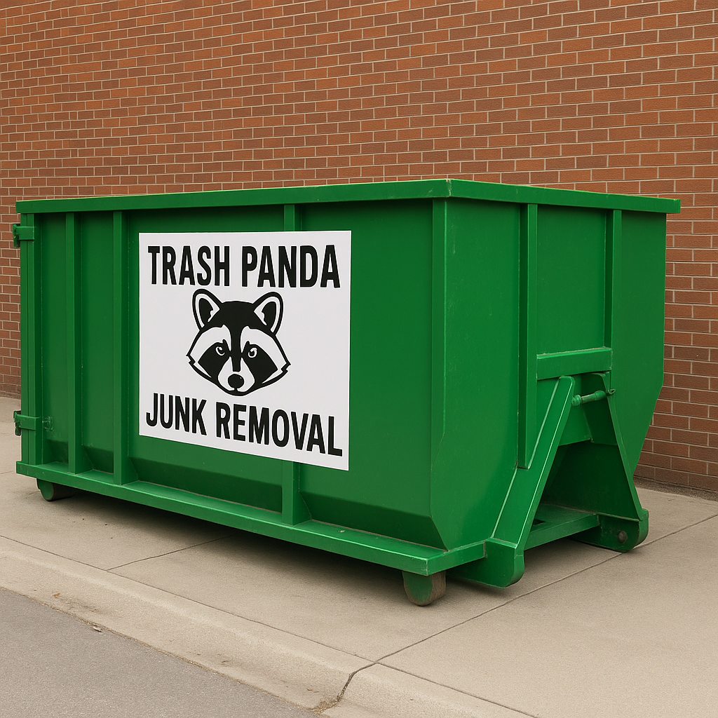 Green dumpster with a sign that reads "Trash Panda Junk Removal" and depicts a raccoon face.