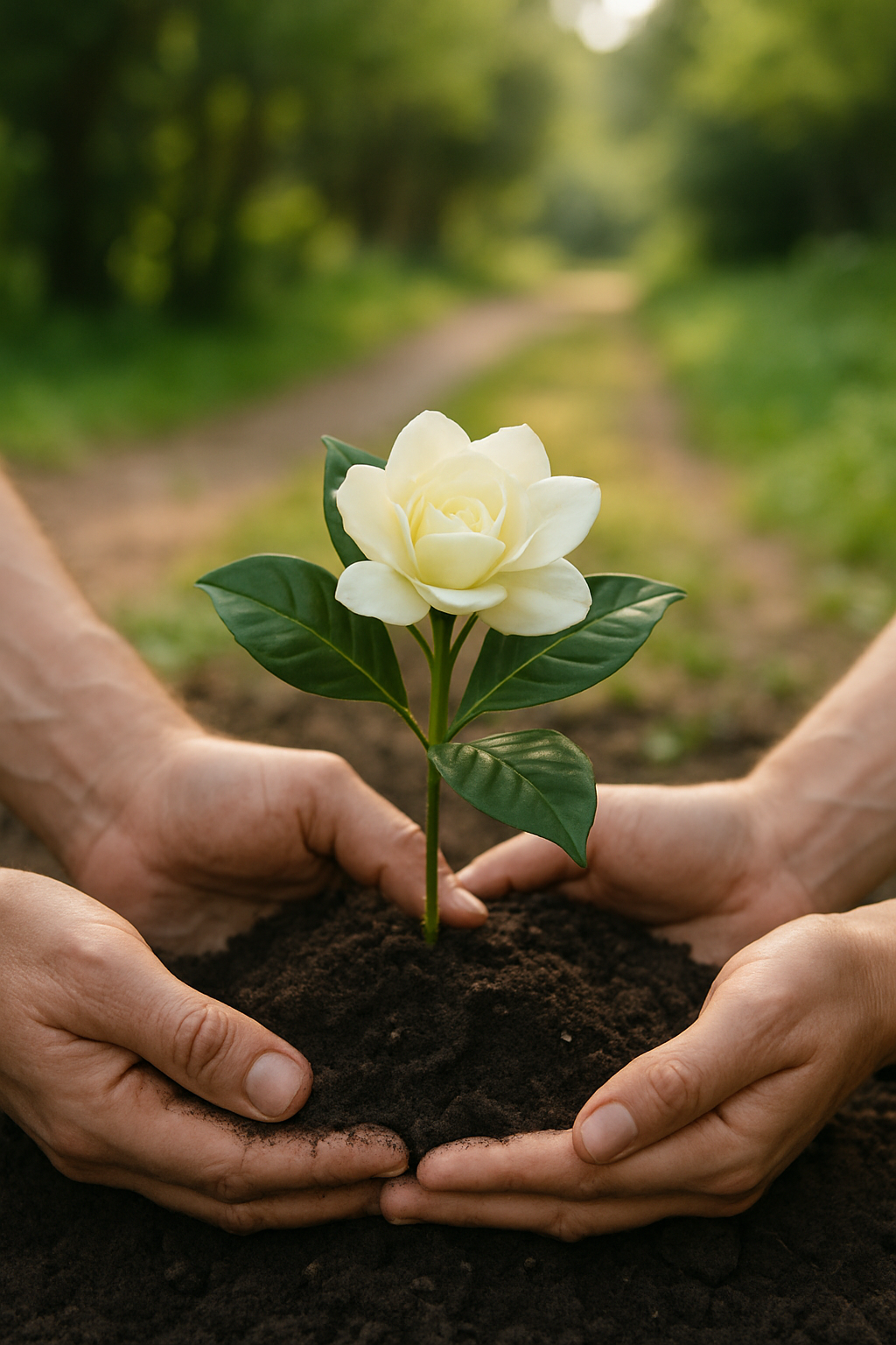 Hands holding a planting of a white flower with green leaves in soil outdoors, with a dirt path and green trees in the background.
