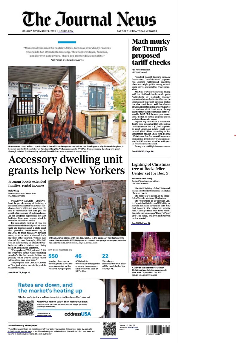 Front page of The Journal News newspaper from November 24, 2025, featuring Hope Has A Voice.