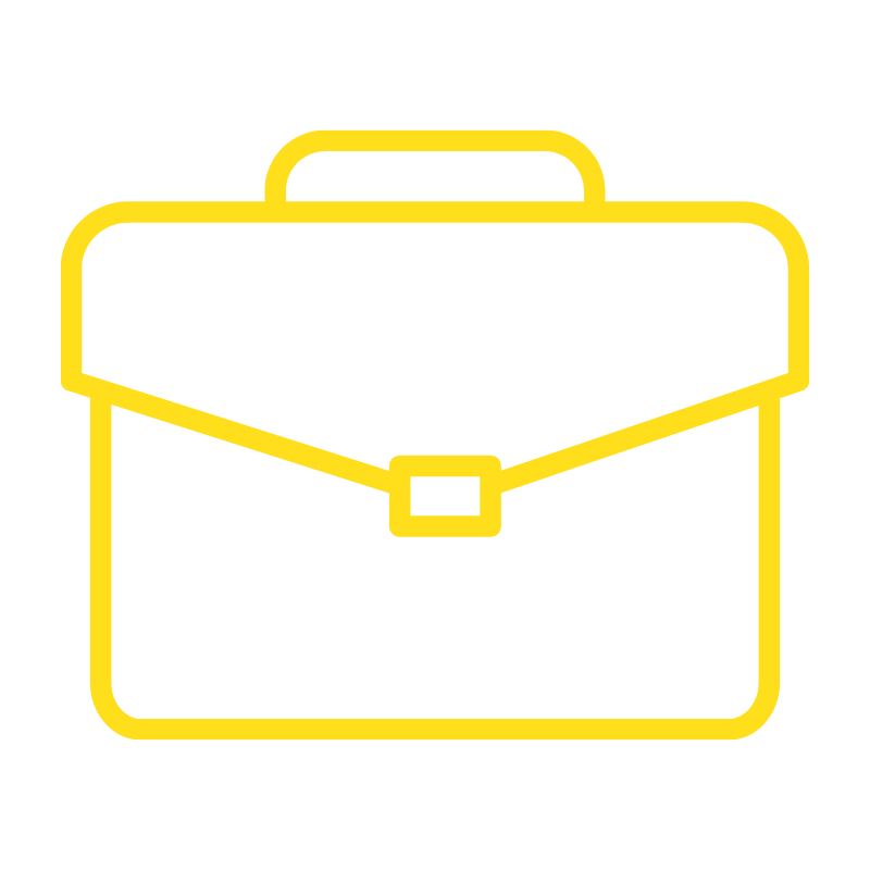 Yellow outline icon of a briefcase on a black background.