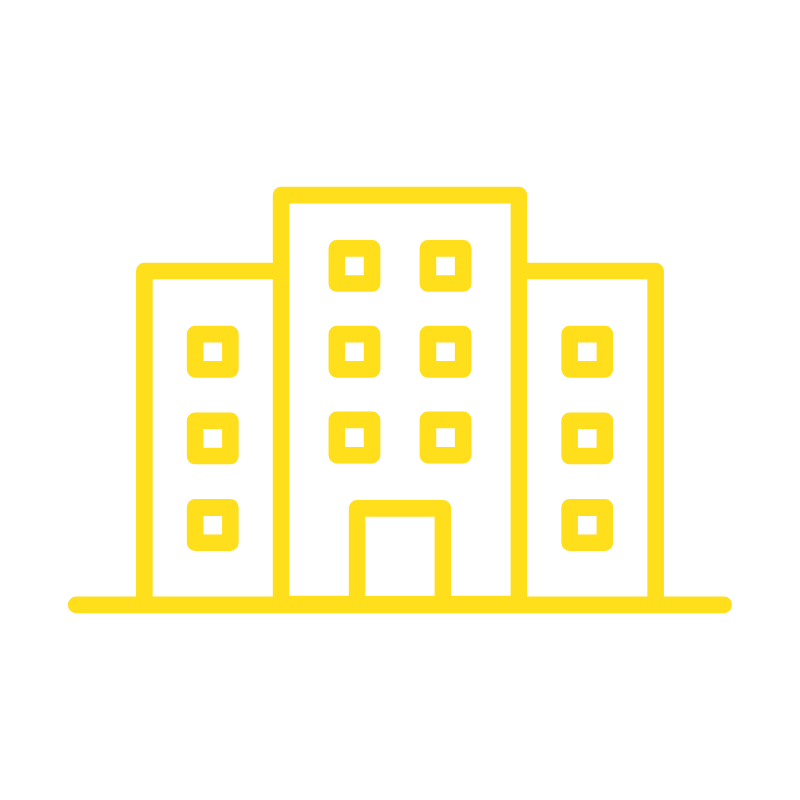 Outline of a multi-story apartment building in yellow on black background.