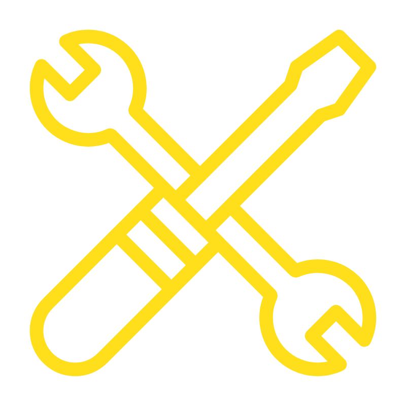 Yellow icon of a wrench and screwdriver crossed over each other.
