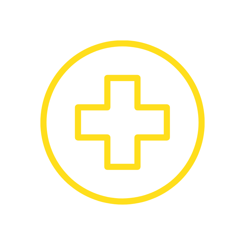Yellow medical cross inside a yellow circle on a black background.