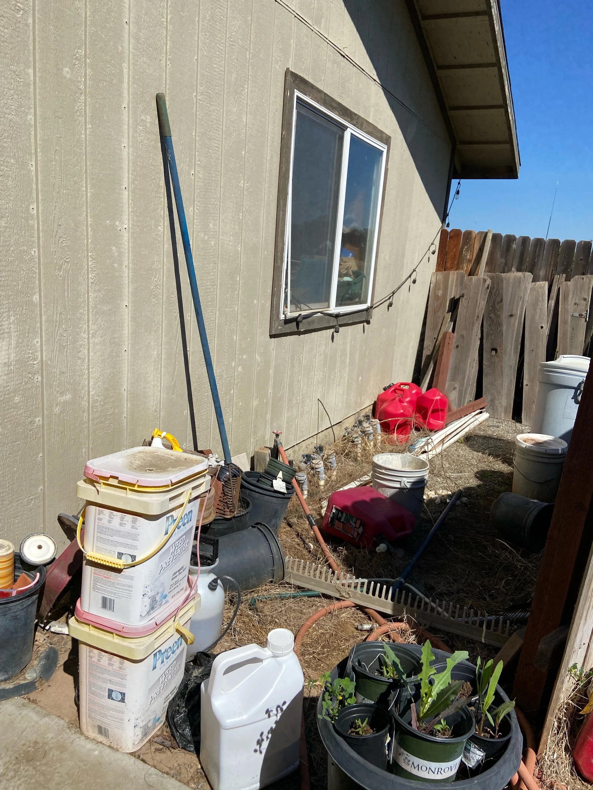 A cluttered backyard with tools, buckets, plants, and gardening supplies next to a house with a window and string lights.