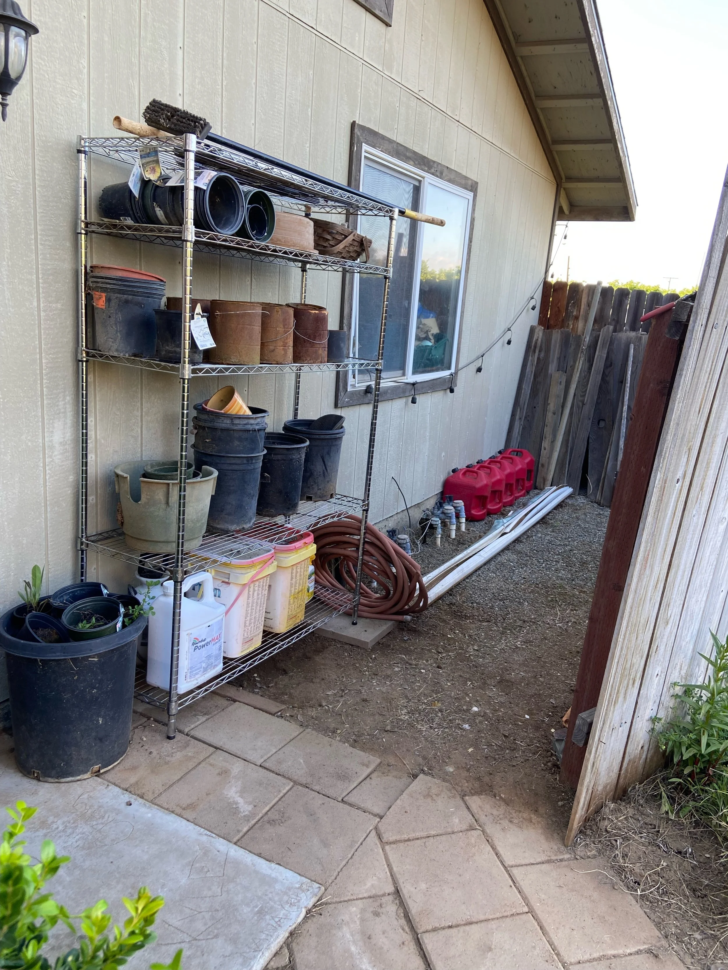 Outdoor storage area with metal shelving holding various pots, buckets, and gardening tools; garden hoses coiled on the ground; red watering cans neatly lined up; white pipes and small plumbing fixtures leaning against a wooden fence; part of a house with cream-colored siding, window, and string lights above.