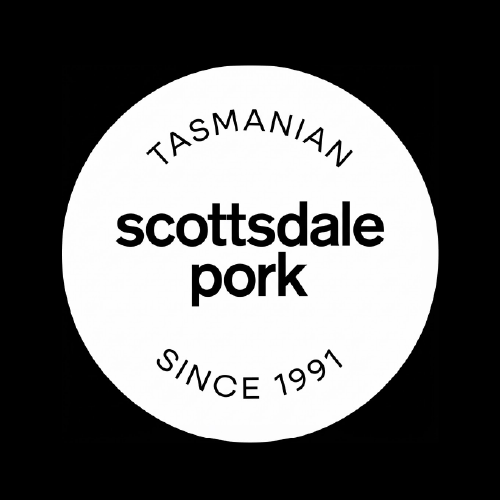 A black and white circular logo for Scottsdale Pork, a Tasmanian meat brand established in 1991.