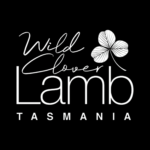 Black background with white text that reads 'Wild Love Lamb Tasmania' and a white four-leaf clover graphic.