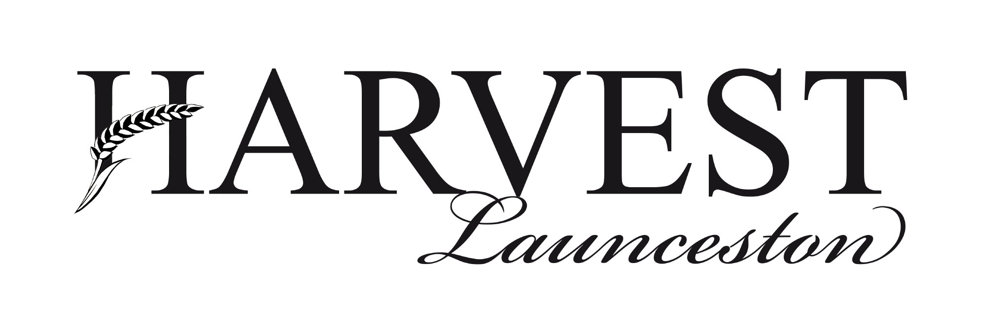 Logo with a wheat stalk illustration and the text 'HARVEST Launceston' in black.