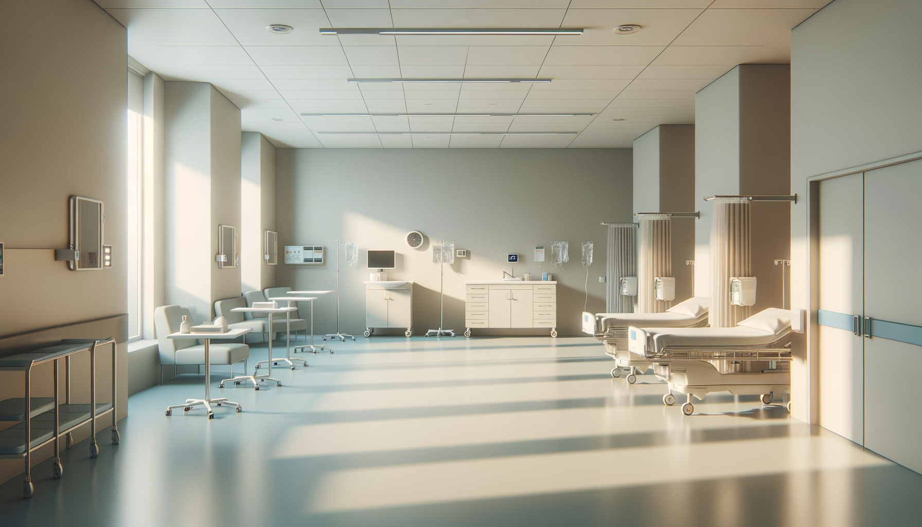 Empty hospital room with beds, IV stands, and medical equipment, illuminated by sunlight