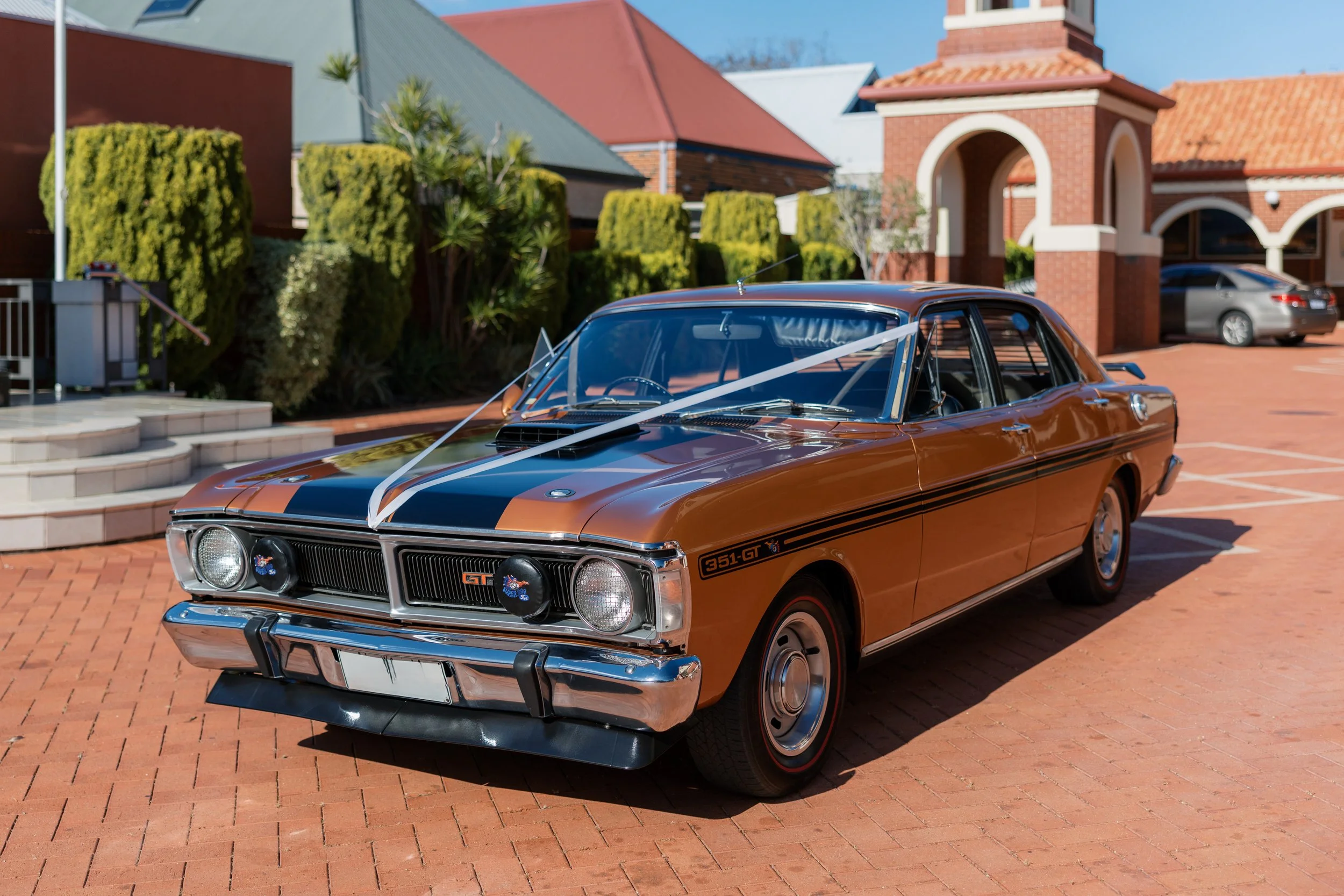 AUSSIE MUSCLE XY GT FORD FALCON WEDDING MACEDONIAN PERTH WESTERN AUSTRALIA NUGGET GOLD SEDAN