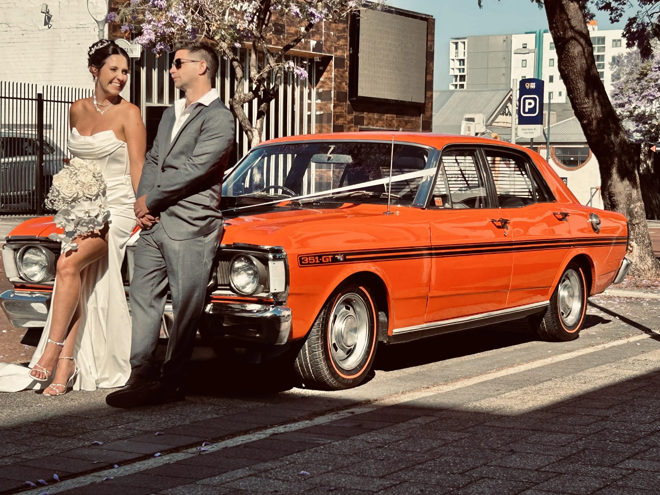 XY GT FORD FALCON PERTH MARRIAGE CENTRE NORTHBRIDGE WEDDING LAUGHING GROOM AND BRIDE LOVE