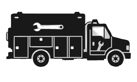 Black silhouette of a utility work truck with compartments and a large wrench symbol on top.