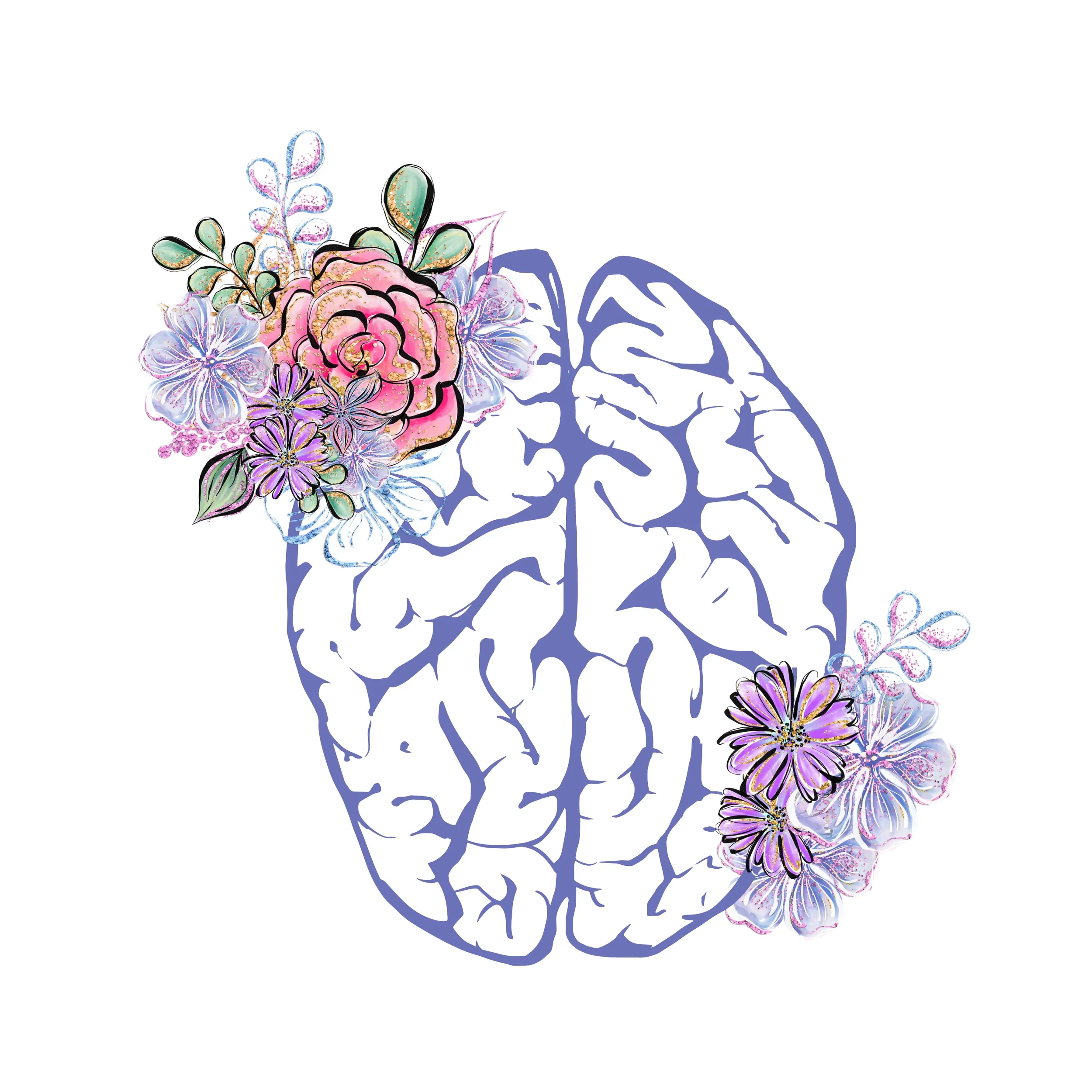 Digital illustration of a human brain outline with colorful flowers on each side