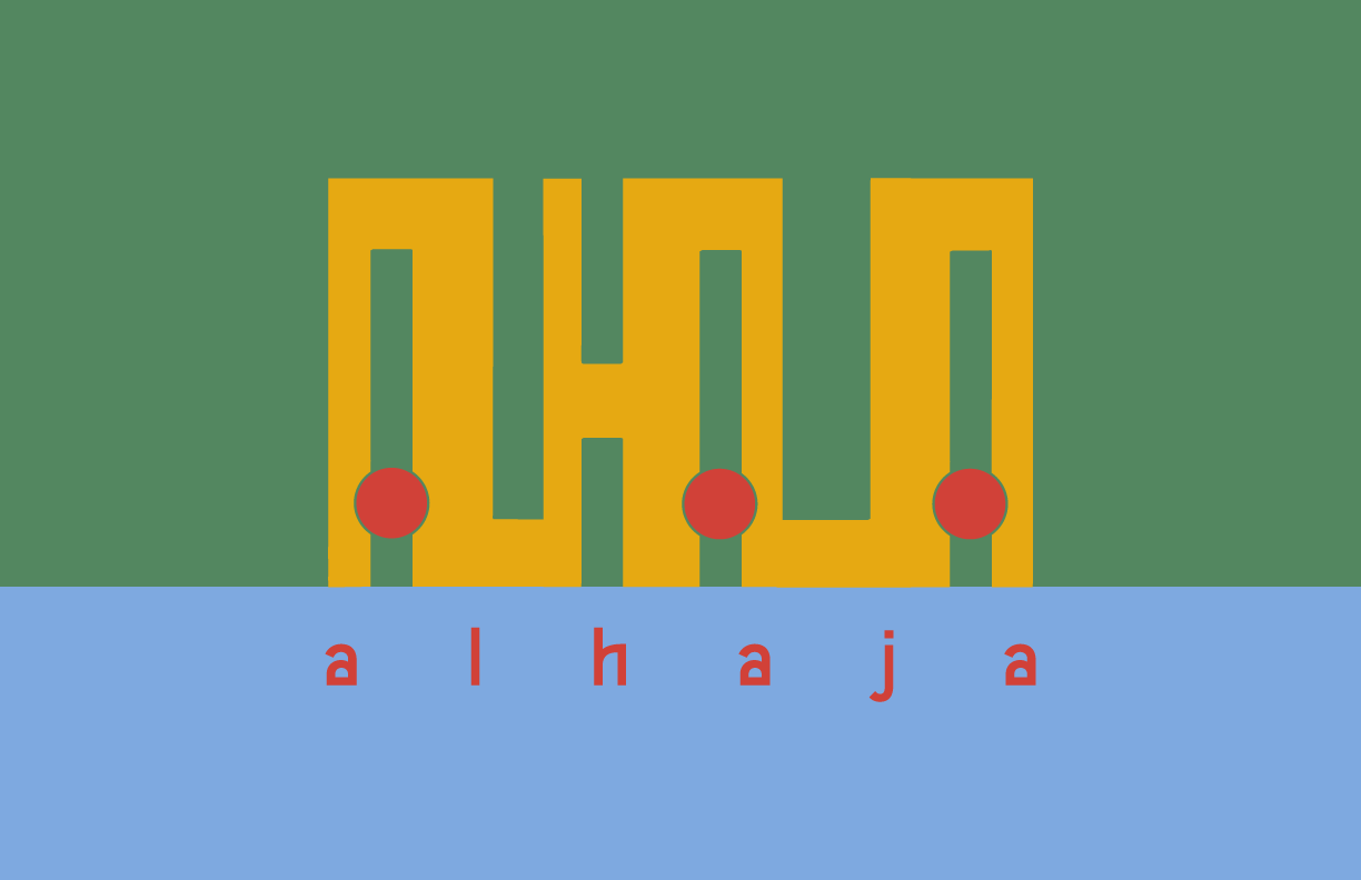 Stylized logo in yellow with red dots on a green background, and the word 'alhaja' in red on a blue background.