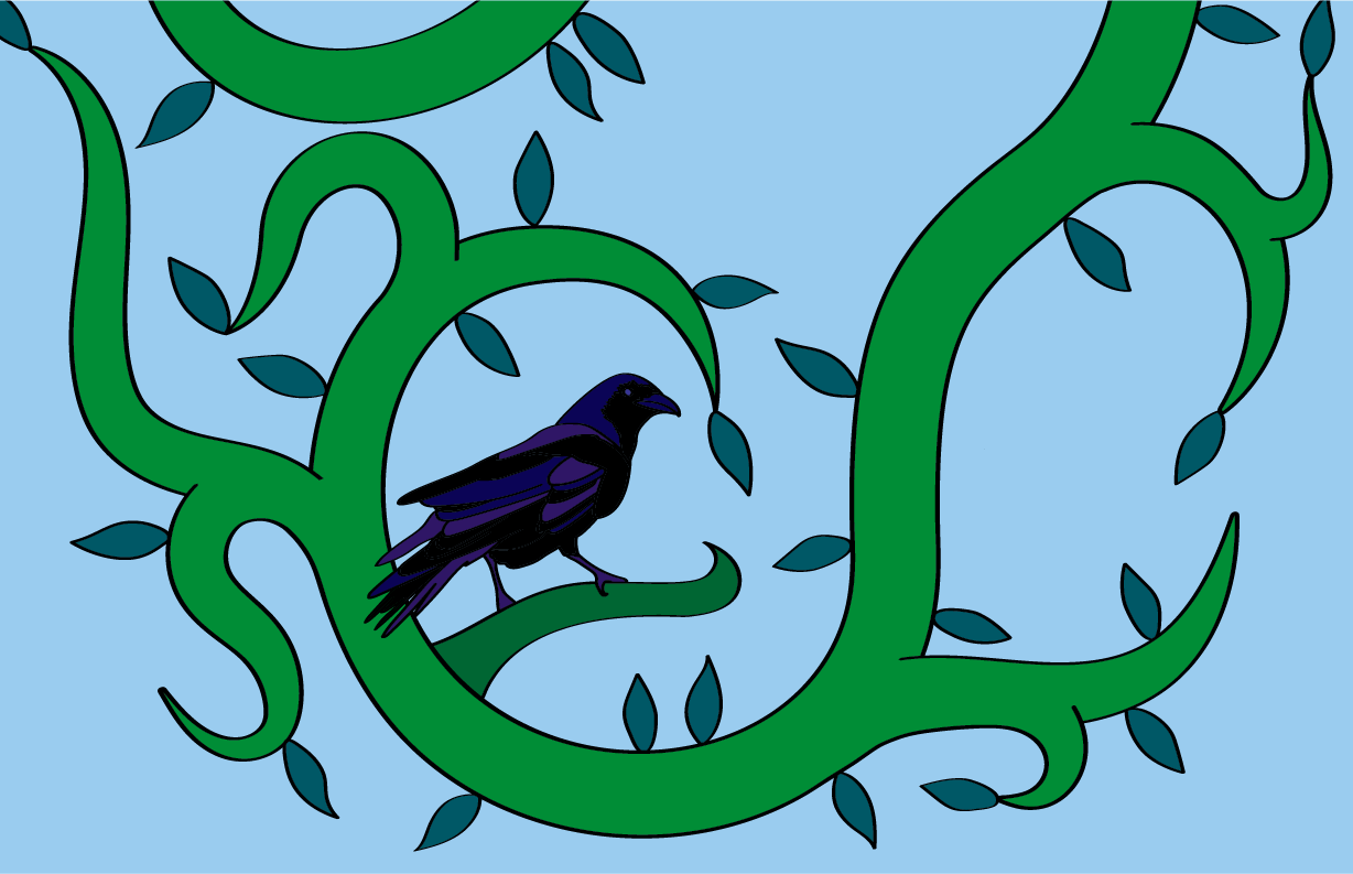 A drawing of a black bird perched on a green, vine-like plant with blue leaves against a light blue background.