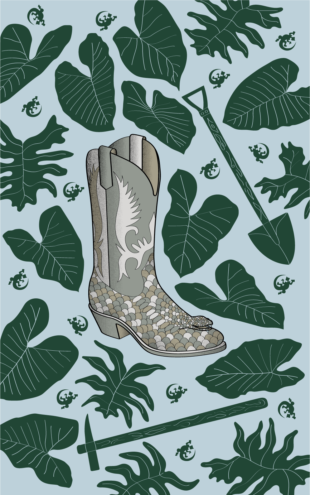 A cowboy boot with a dragon design, surrounded by large green leaves and garden tools like a rake and an axe on a blue background.