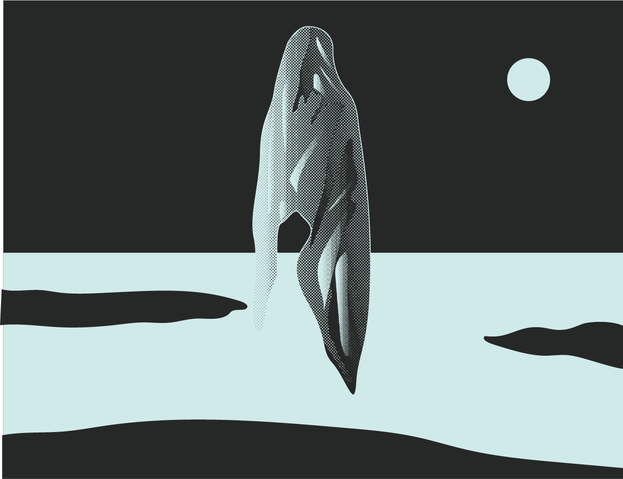 Digital illustration of a whale's tail emerging from icy water under a night sky with a full moon.