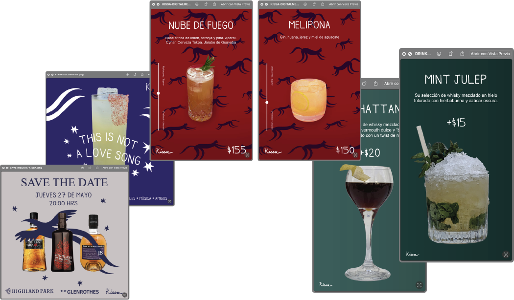 A collage of various drink menu cards displaying different cocktails and whiskey bottles. The drinks include 'Nube de Fuego,' 'Melirona,' 'Mint Julep,' and a non-alcoholic drink, with details and prices. One card shows a whiskey celebration event wit