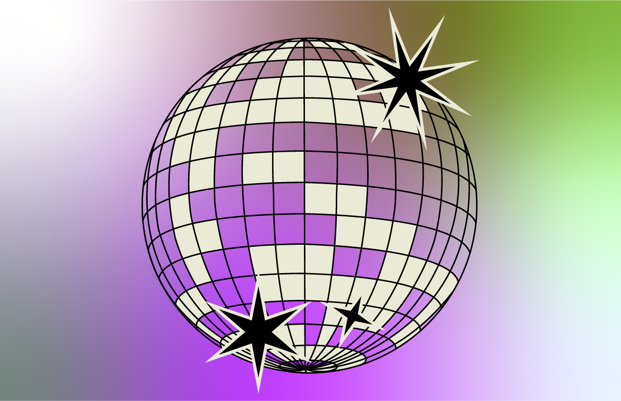 A disco ball with purple and white tiles against a colorful background, decorated with black starburst graphics.