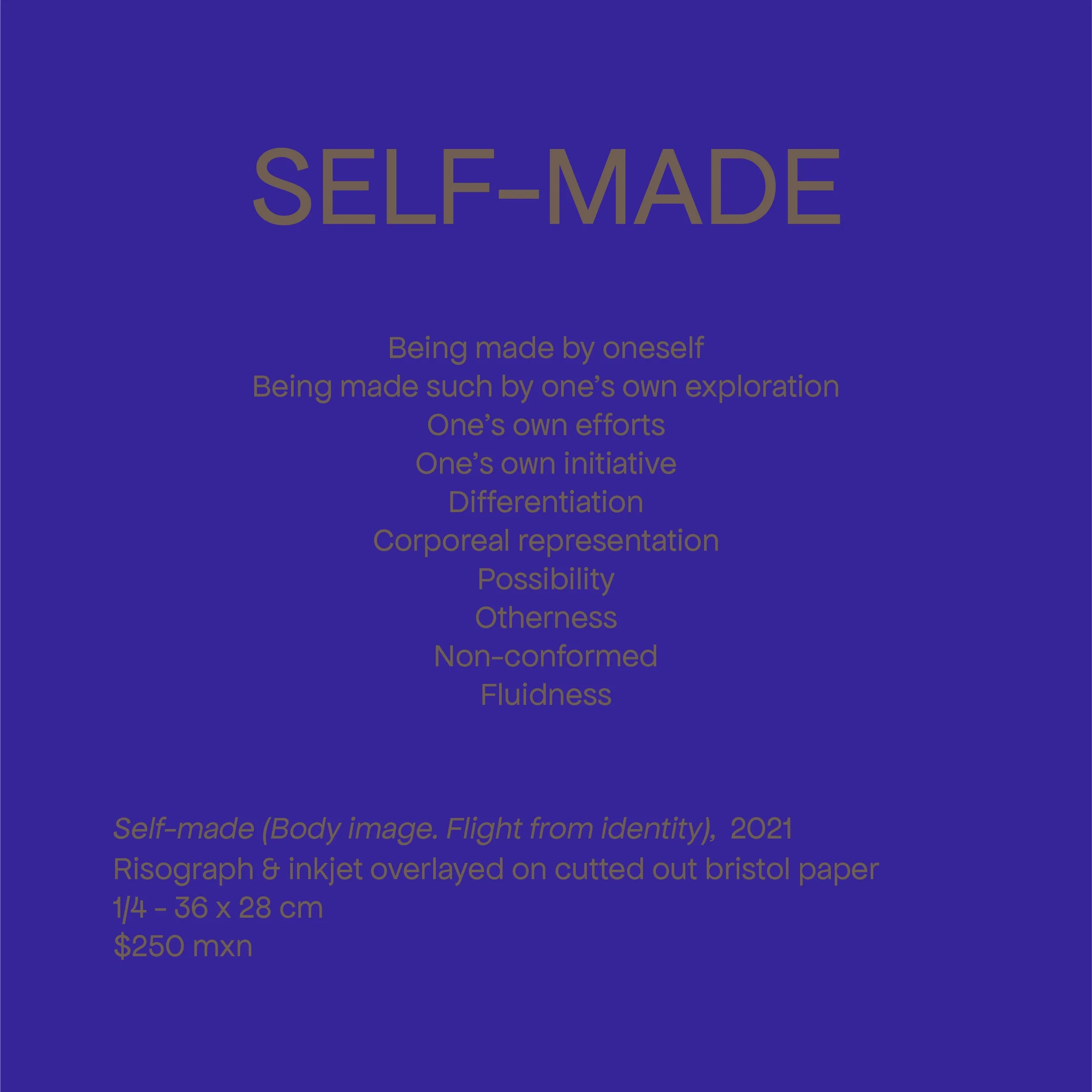 Blue poster titled 'SELF-MADE' with definitions of being self-made and details about an artwork, including title 'Self-made (Body image. Flight from identity)', created in 2021 with risograph and inkjet overlay on cut bristol paper, measuring 36 by 2