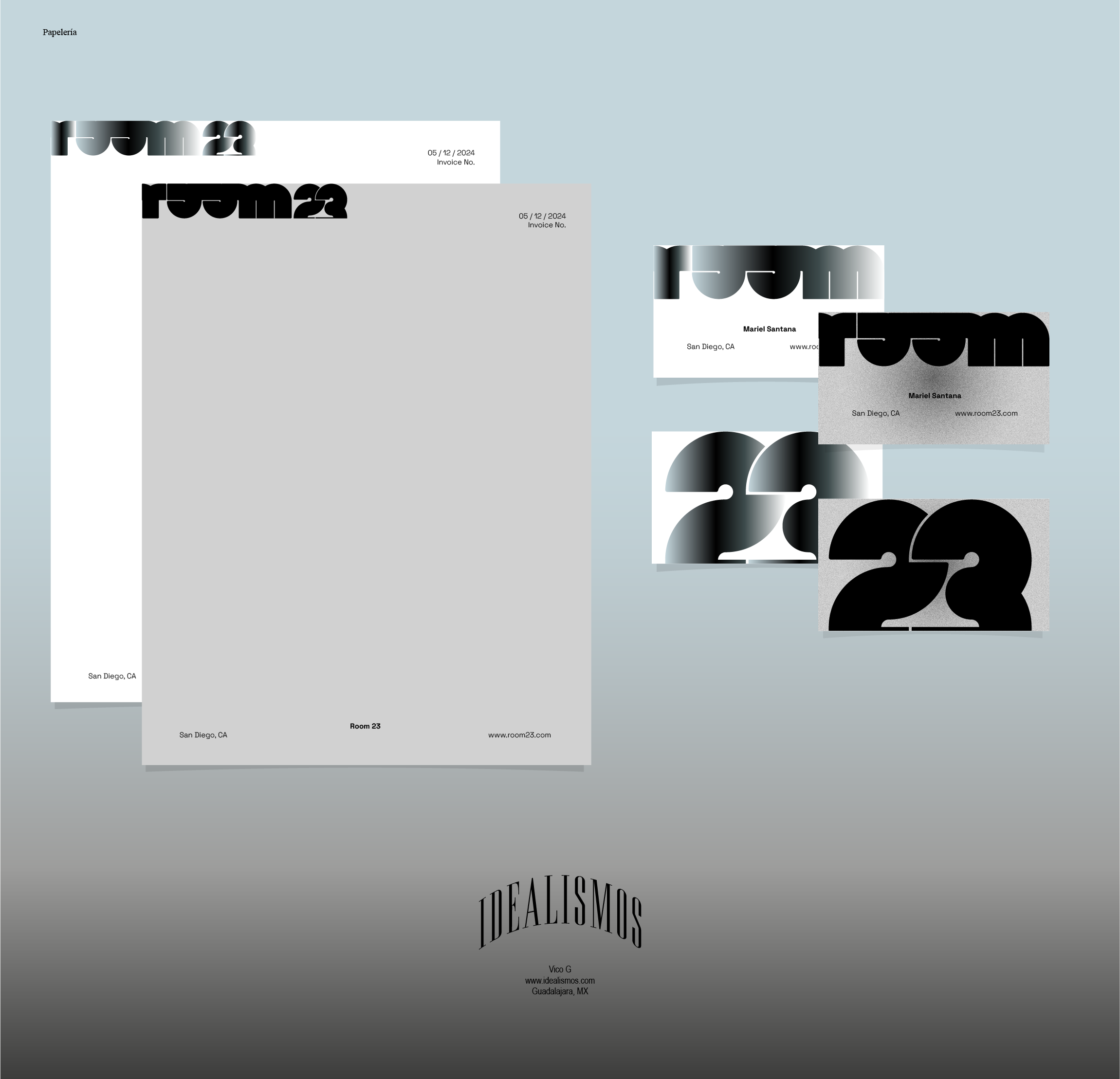 Collection of business cards and letterhead designs featuring bold black and gray typography with the word 'Room' and numbers, arranged on a gradient background, with an 'IDEALISMOS' logo at the bottom.
