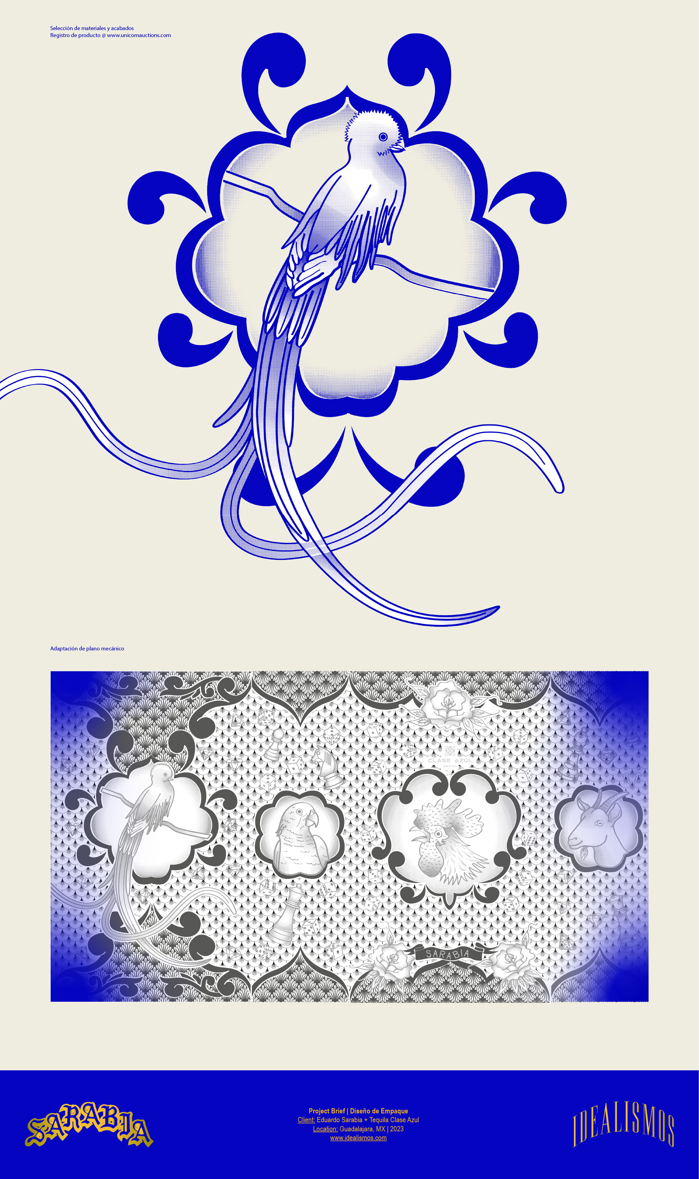 Blueprint of a stylized bird with long tail feathers, perched on a branch, surrounded by ornate decorative elements. Smaller sketches of various animals including a bird, a lion, and a goat are visible. Text indicates it’s a design project inspired b