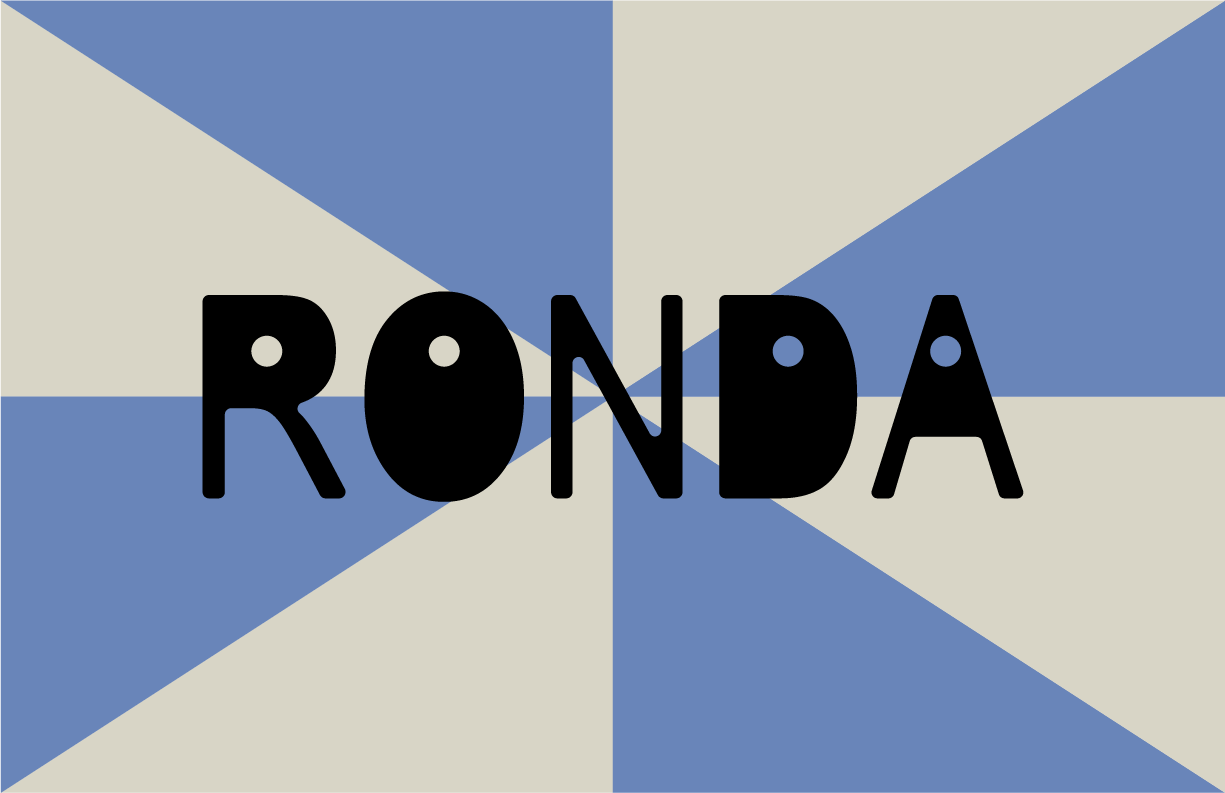 Design with geometric blue and beige triangles and the word "RONDA" in large black letters.