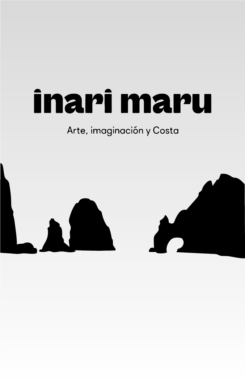 Book cover titled 'Inari Maru' with a gradient background and silhouettes of rock formations, subtitle 'Arte, imaginación y Costa'