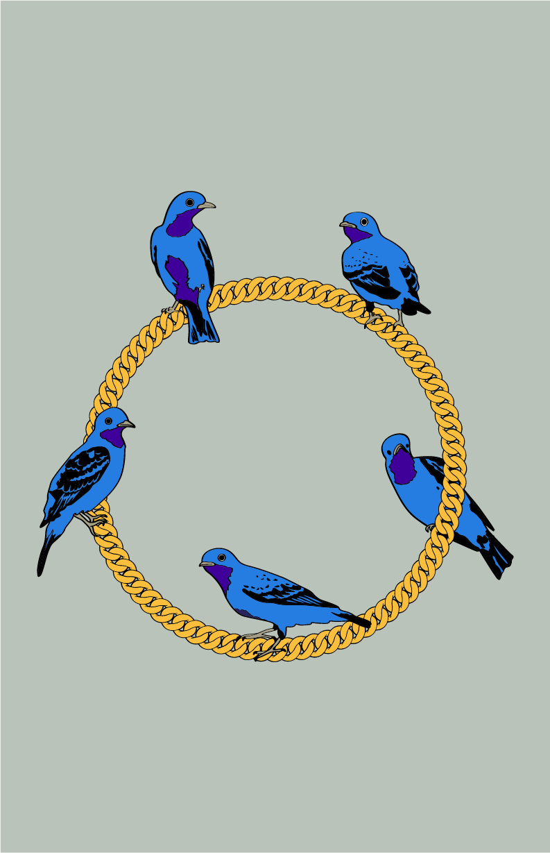Illustration of six blue birds perched on a gold chain in a circle against a light green background.