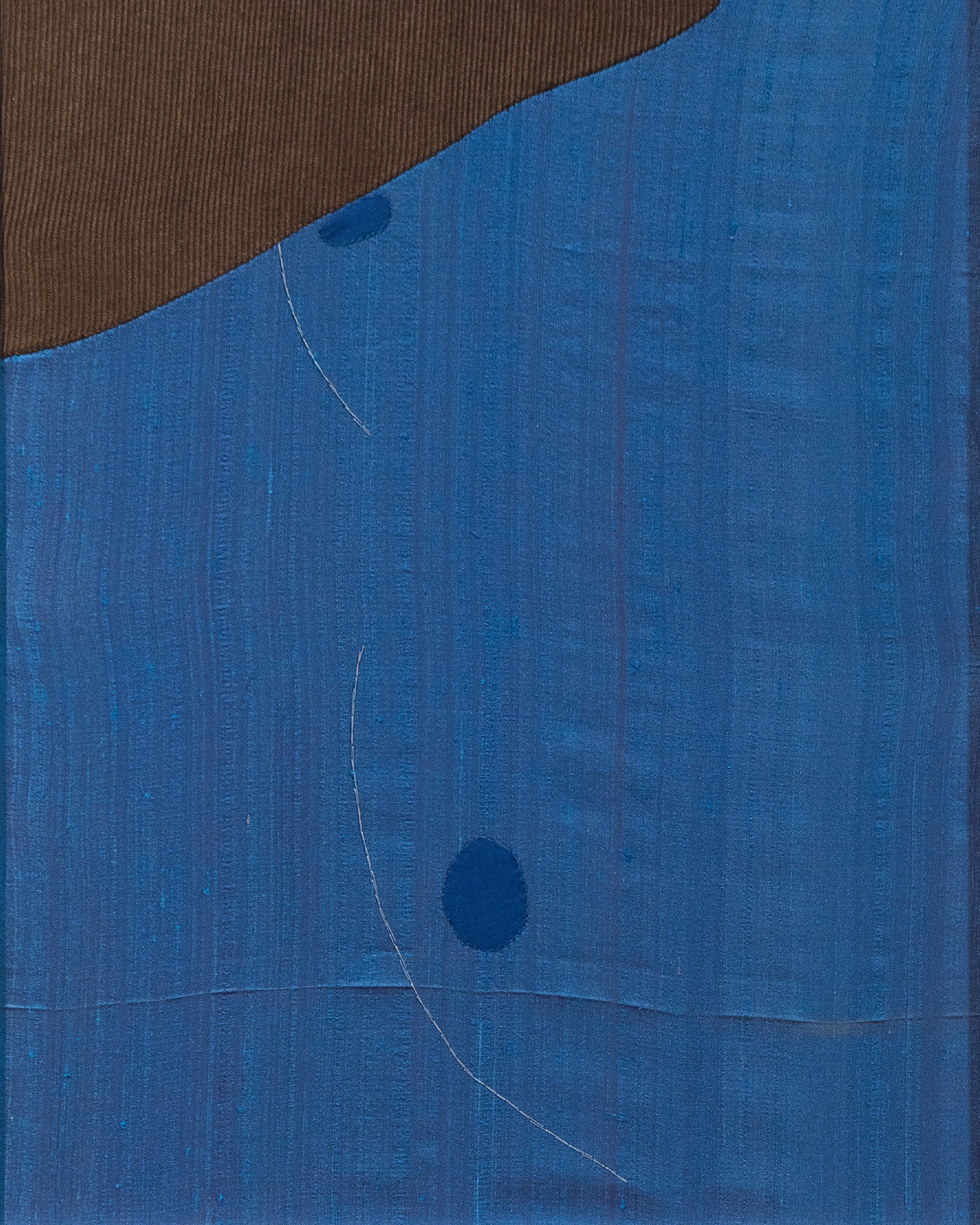 Close-up of a divided canvas with sections in brown and blue, featuring a small black mark and a thin curved line in the blue section.