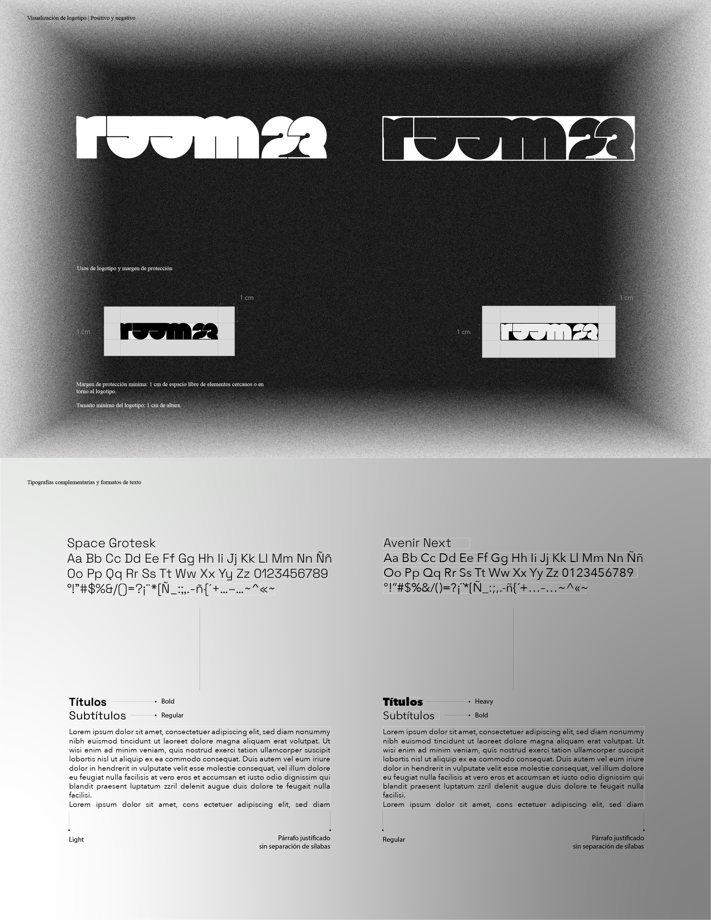 A grayscale image showing logo design guidelines and typography samples for two fonts: Space Grotesk and Avenir Next. The top section displays logo variations with measurements and protection margins. The bottom section provides font samples with tit
