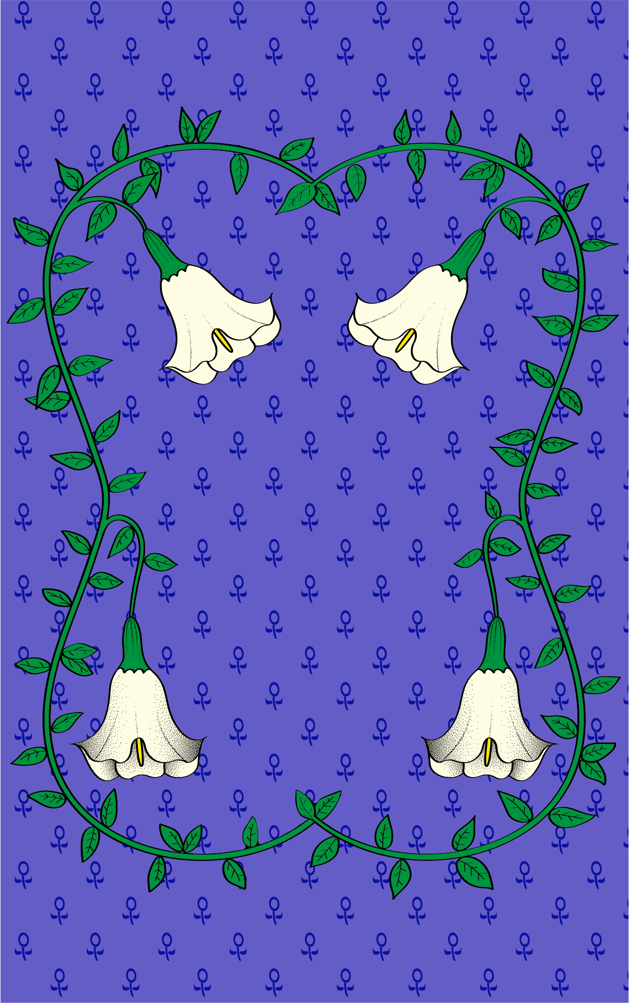 A decorative pattern featuring white angel's trumpet flowers with green stems and leaves, arranged in a heart shape against a blue background with small, blue ankh symbols.