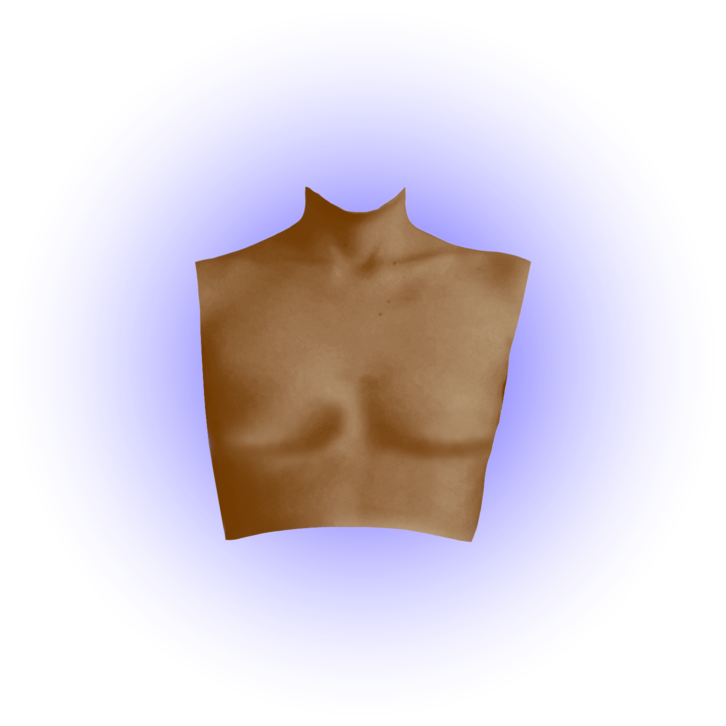 Close-up of a nude woman's upper chest and shoulders, against a blue background.