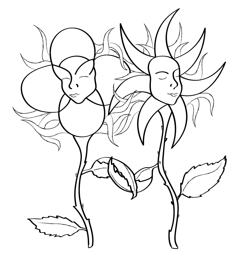 Black and white line drawing of two personified roses with faces, one with closed eyes and smiling, the other with closed eyes and a neutral expression, surrounded by leaves.