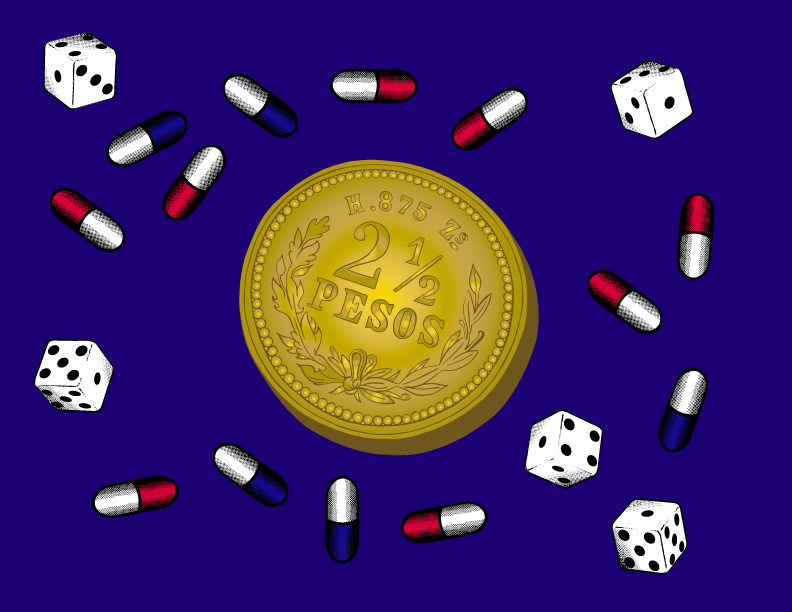 A 2½ pesos coin surrounded by dice and capsules on a dark blue background.